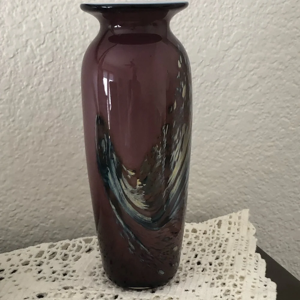 Art Blown Glass Vase~Purple/Metallic Iridescent Swirl